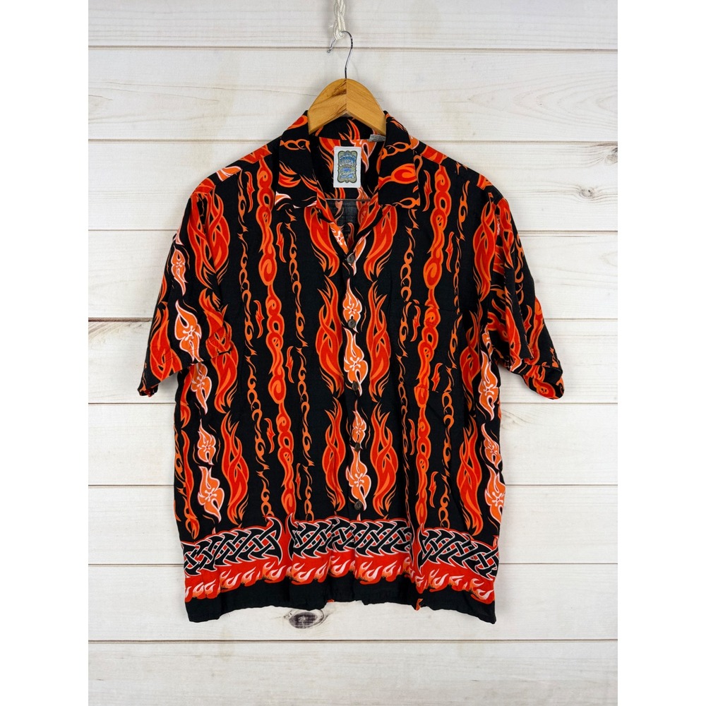 VTG Ocean Current Shirt Mens Medium Flame Tribal Print Rayon Button Down